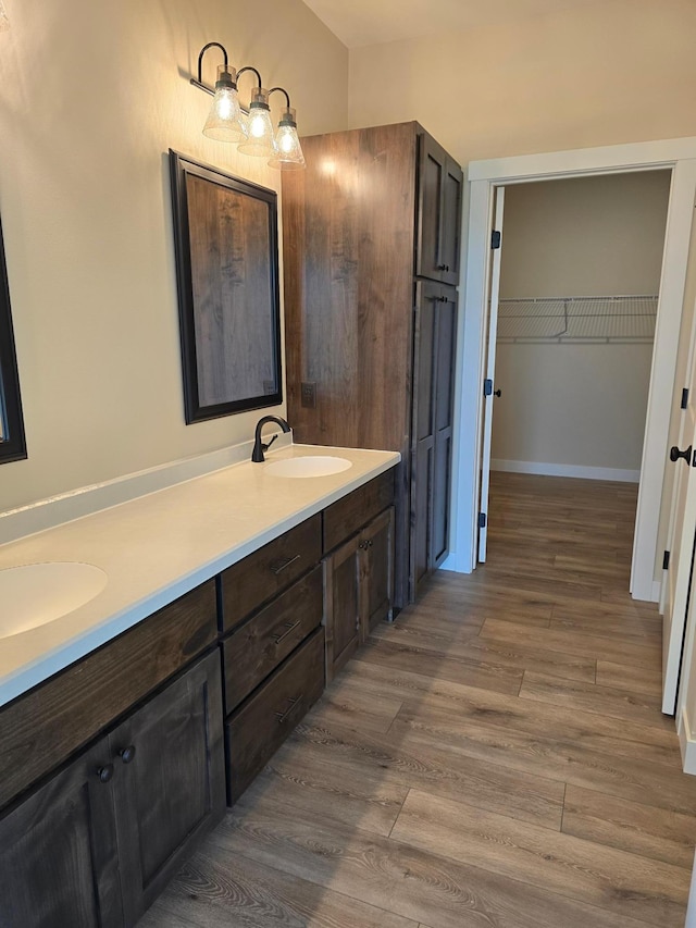 bathroom with hardwood / wood-style floors and dual bowl vanity