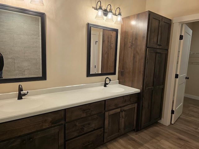 bathroom with double vanity and hardwood / wood-style floors