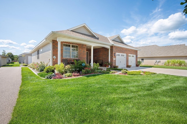 view of front of property with brick siding, a shingled roof, concrete driveway, a front yard, and an attached garage