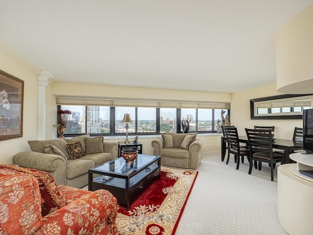 living area with a view of city and carpet flooring