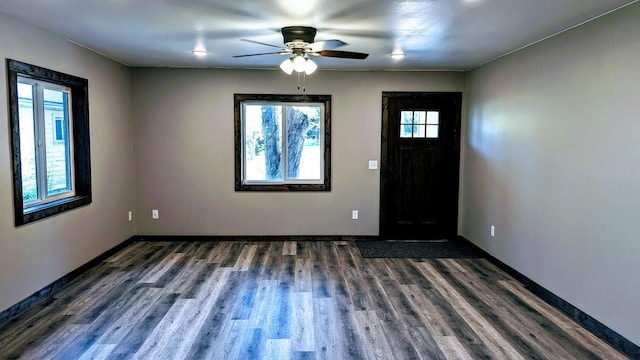 entryway featuring ceiling fan and dark hardwood / wood-style floors