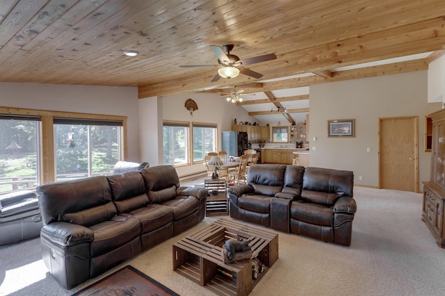 living room with vaulted ceiling with beams, wood ceiling, light colored carpet, and ceiling fan