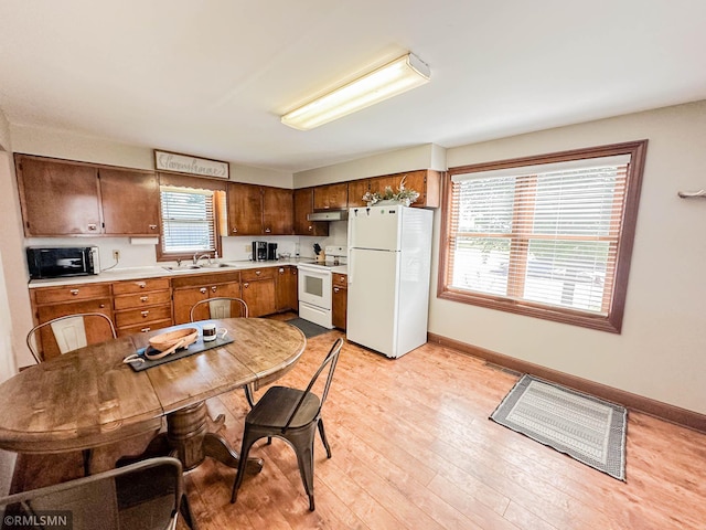 kitchen with light hardwood / wood-style floors, sink, and white appliances