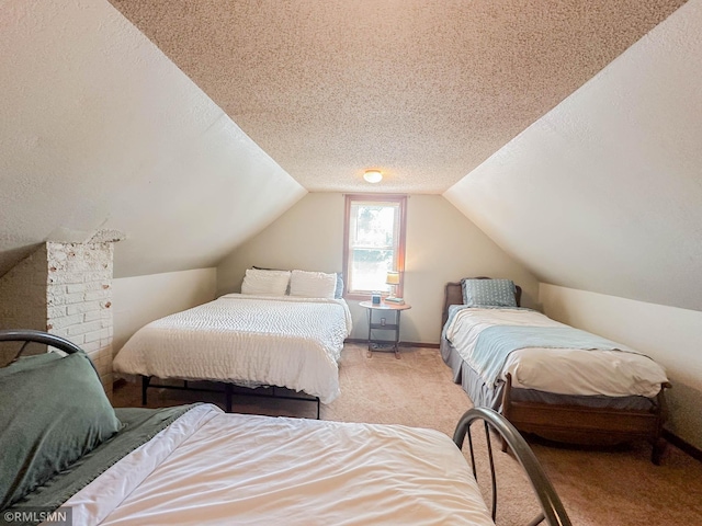 carpeted bedroom with vaulted ceiling and a textured ceiling