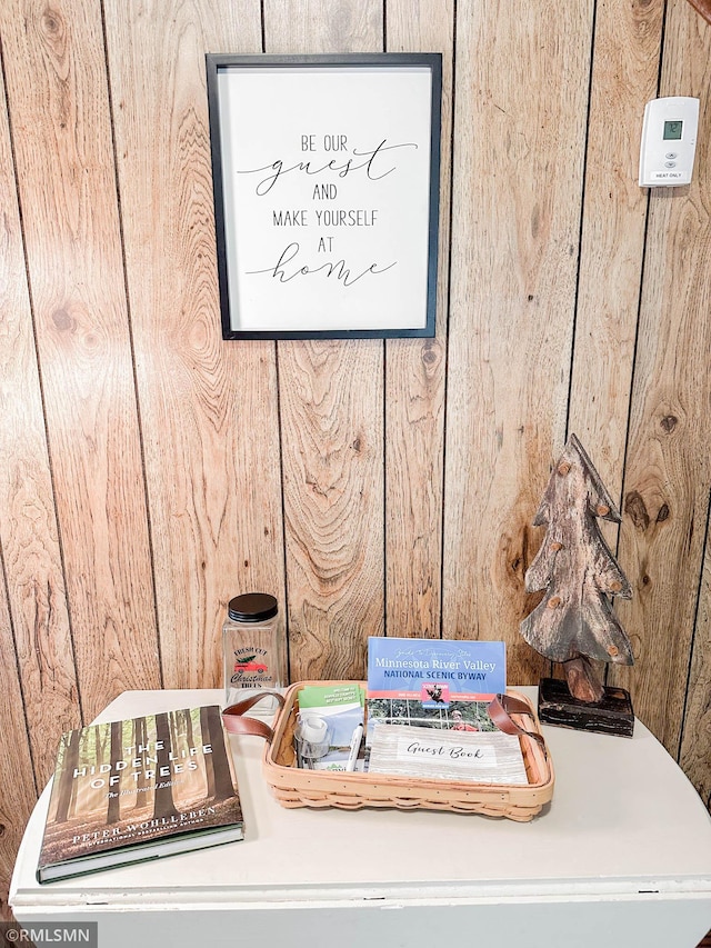 interior details featuring wooden walls