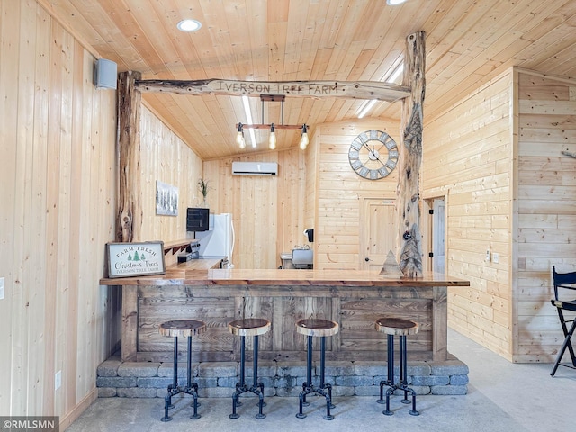 bar with wood walls, concrete floors, wooden ceiling, and a wall mounted air conditioner