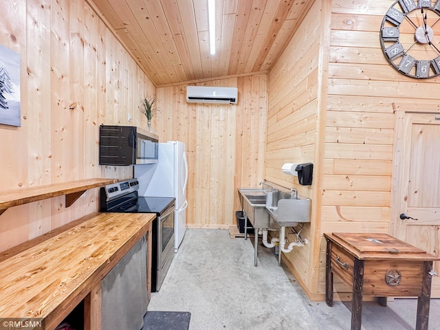 office featuring wood walls, sink, lofted ceiling, a wall mounted air conditioner, and wood ceiling