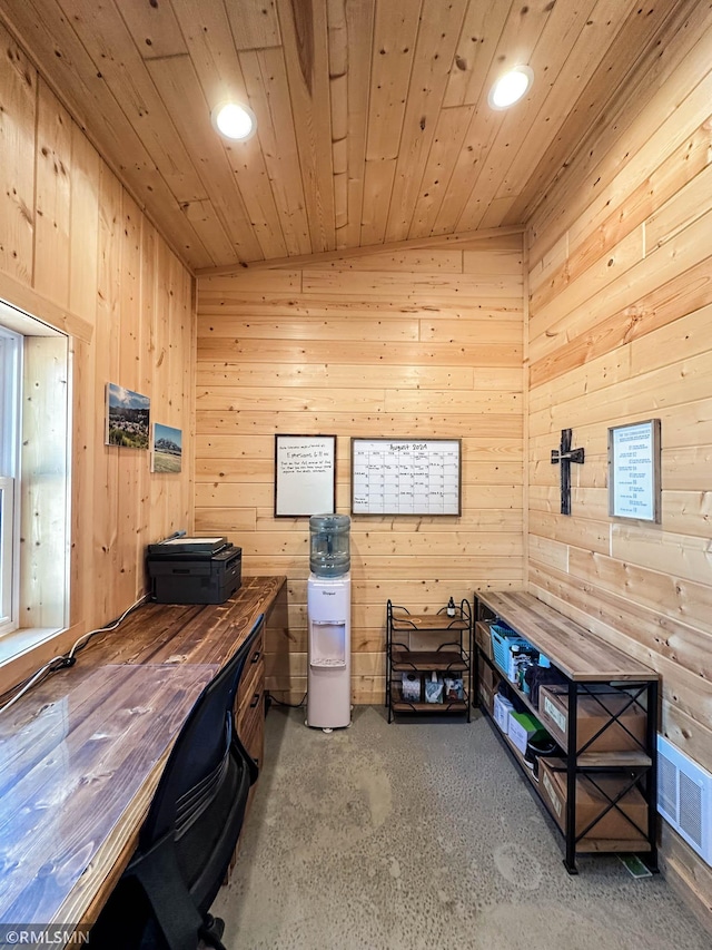 home office featuring wooden walls and wooden ceiling