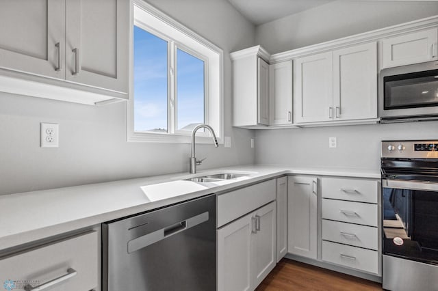 kitchen with stainless steel appliances, dark wood-style flooring, a sink, white cabinetry, and light countertops