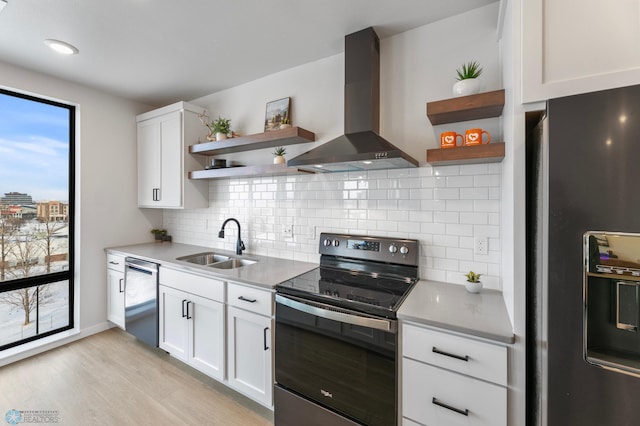 kitchen featuring sink, white cabinetry, tasteful backsplash, appliances with stainless steel finishes, and wall chimney range hood