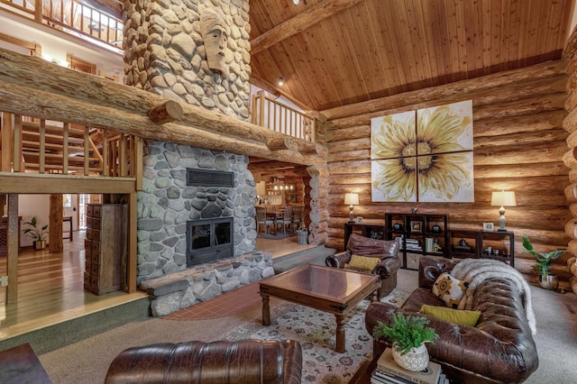 living room featuring high vaulted ceiling, beamed ceiling, wood ceiling, and rustic walls