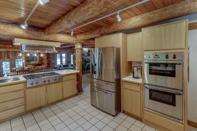 kitchen featuring appliances with stainless steel finishes, light brown cabinets, track lighting, log walls, and wooden ceiling