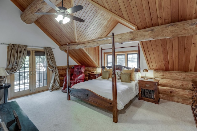 carpeted bedroom with ceiling fan, access to exterior, wood ceiling, and high vaulted ceiling