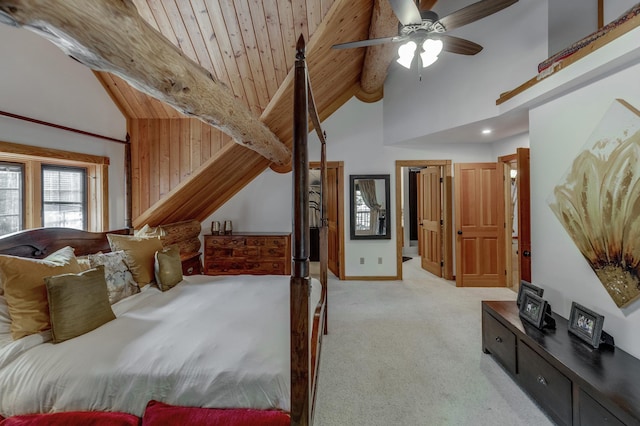 carpeted bedroom with wooden ceiling, ceiling fan, high vaulted ceiling, and beamed ceiling