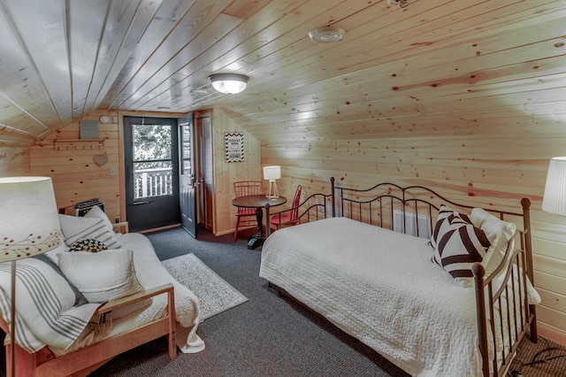 bedroom featuring wood walls, dark carpet, lofted ceiling, and wood ceiling