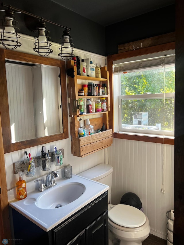 bathroom featuring vanity, toilet, and wood walls