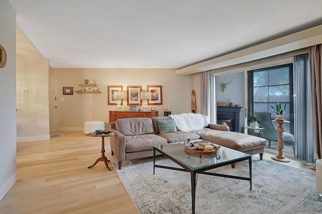 living room with wood-type flooring and a textured ceiling