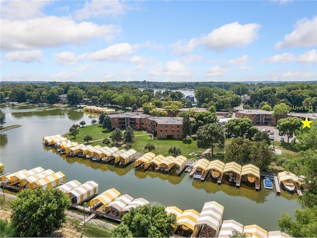 bird's eye view with a water view