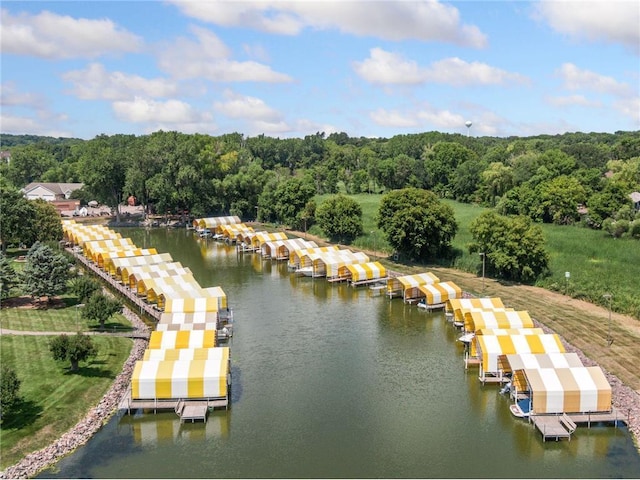 drone / aerial view with a water view