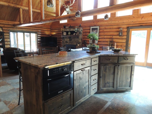 20578 317th St, Farming Twp, MN 56310 - kitchen with black oven, high vaulted ceiling, a healthy amount of sunlight, and log walls