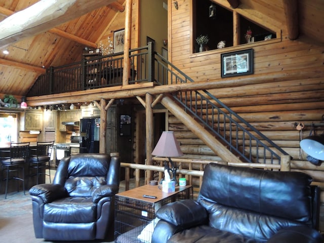 living room with high vaulted ceiling, wooden ceiling, and beamed ceiling