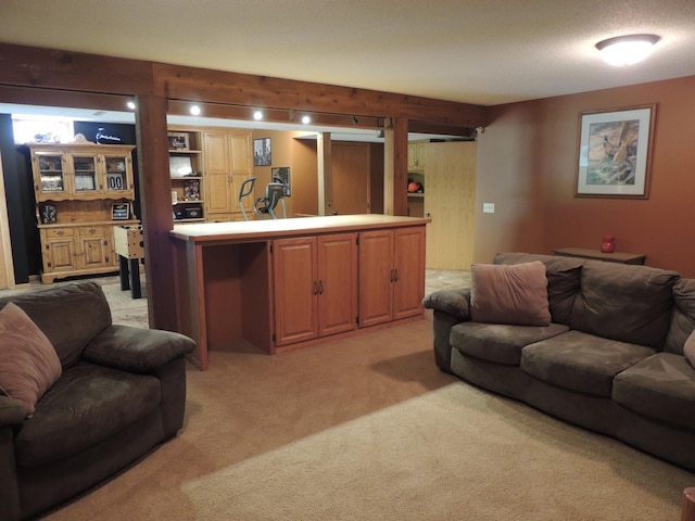 living room with light colored carpet and a textured ceiling