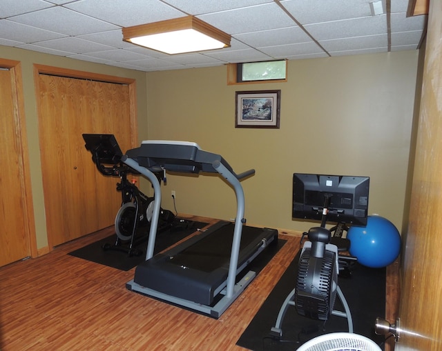 workout room featuring a paneled ceiling and wood-type flooring