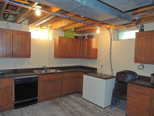 20578 317th St, Farming Twp, MN 56310 - kitchen featuring brown cabinetry, black dishwasher, refrigerator, a sink, and dark countertops