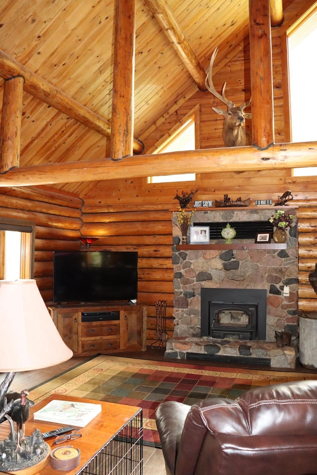 living room featuring log walls, high vaulted ceiling, wood ceiling, and beam ceiling