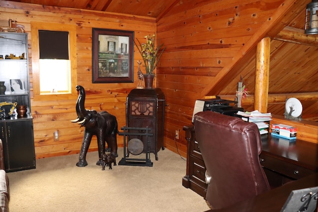 20578 317th St, Farming Twp, MN 56310 - home office featuring carpet flooring, wood walls, wood ceiling, and vaulted ceiling