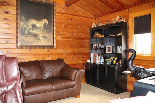 living room featuring lofted ceiling, wood walls, carpet flooring, and wooden ceiling