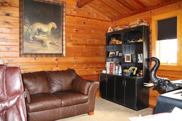 20578 317th St, Farming Twp, MN 56310 - carpeted living area with wooden ceiling, wooden walls, and lofted ceiling