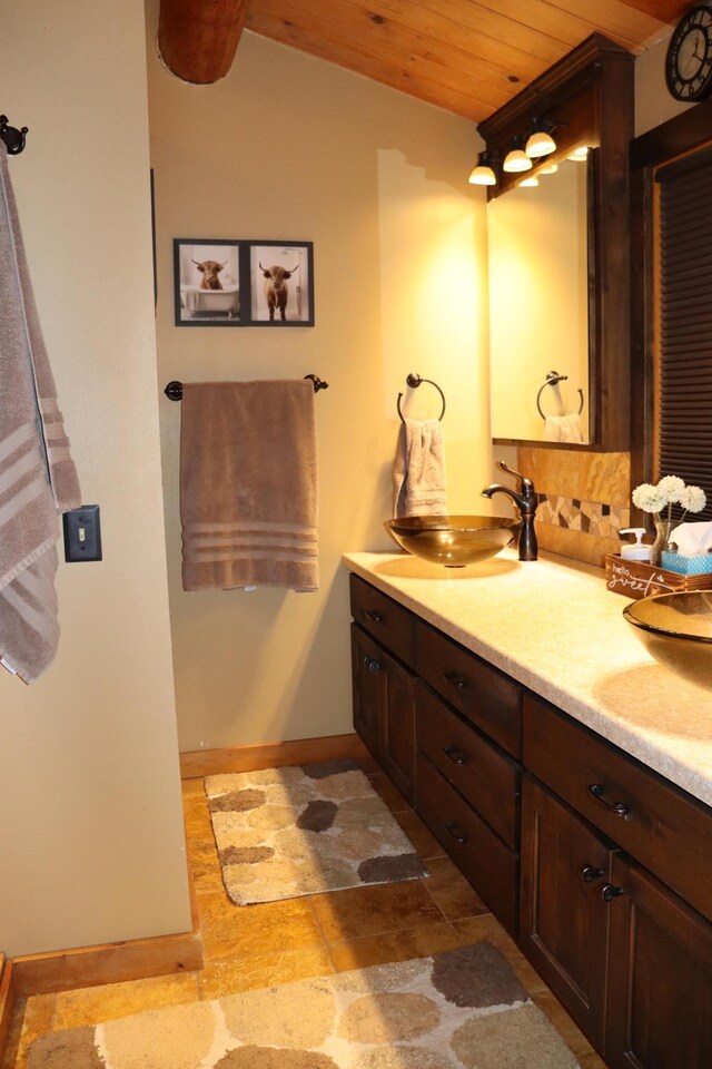 20578 317th St, Farming Twp, MN 56310 - full bath featuring stone finish floor, baseboards, wood ceiling, a sink, and double vanity