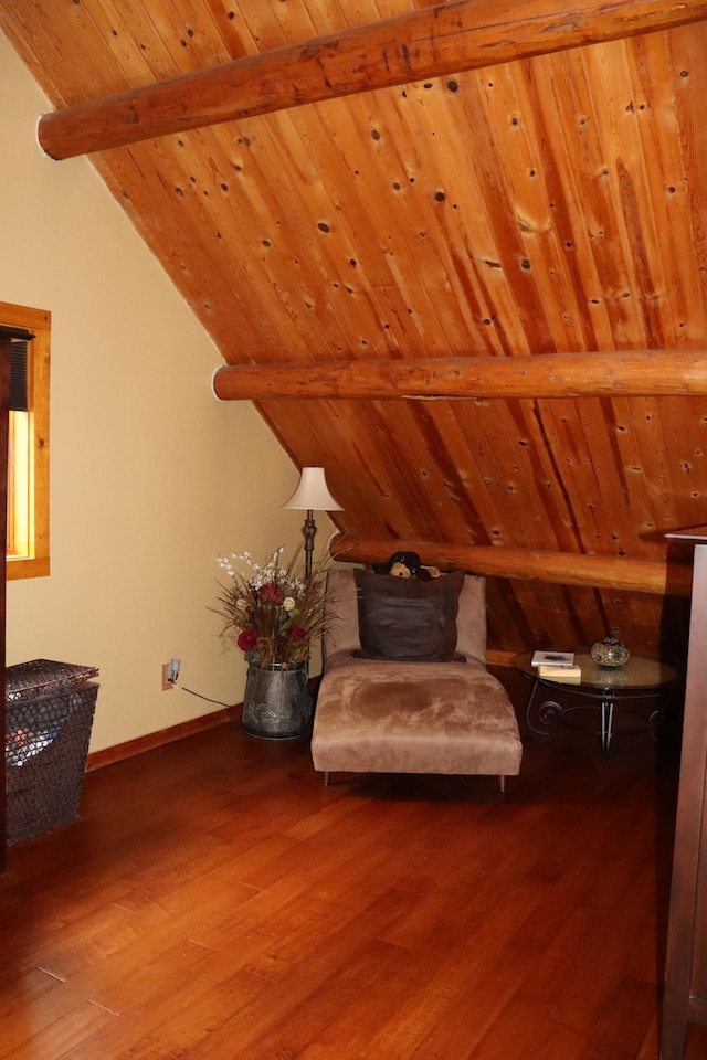 20578 317th St, Farming Twp, MN 56310 - living area featuring wooden ceiling, baseboards, wood finished floors, and lofted ceiling with beams