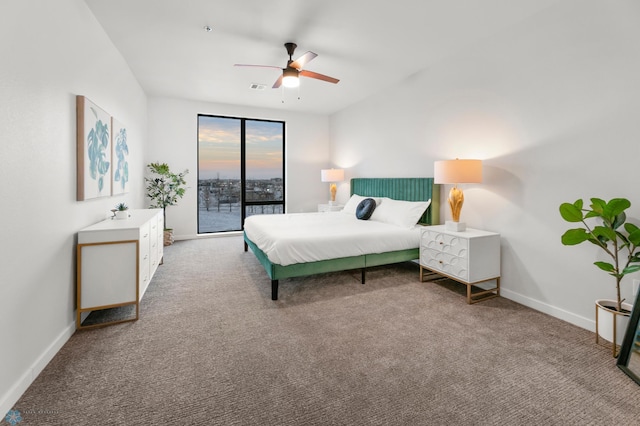 carpeted bedroom featuring access to outside and ceiling fan