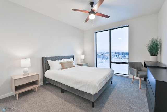 carpeted bedroom with access to outside and ceiling fan