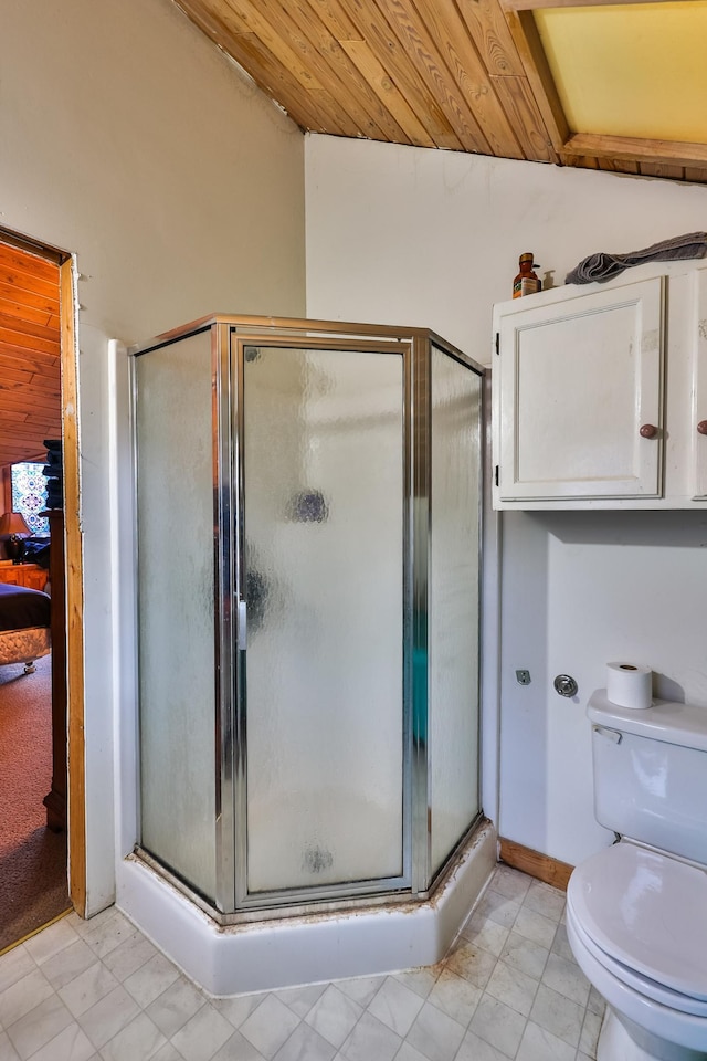 bathroom with toilet, an enclosed shower, and wood ceiling