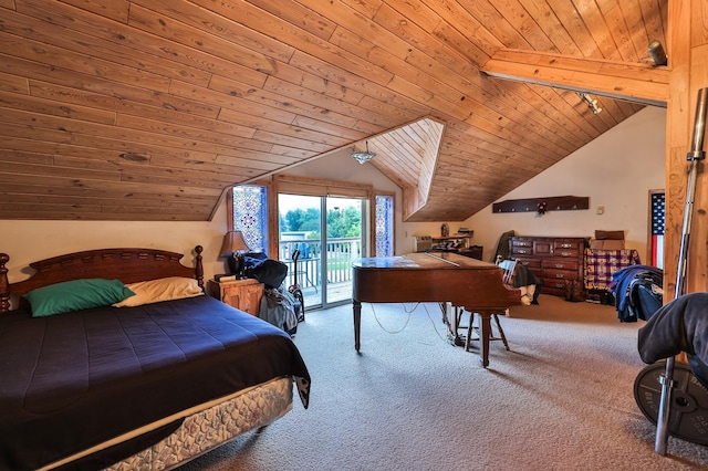 carpeted bedroom with wood ceiling, access to exterior, and lofted ceiling