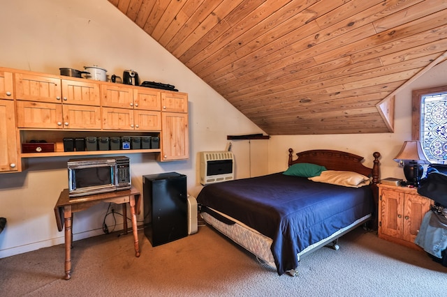 bedroom with vaulted ceiling, carpet, heating unit, and wooden ceiling