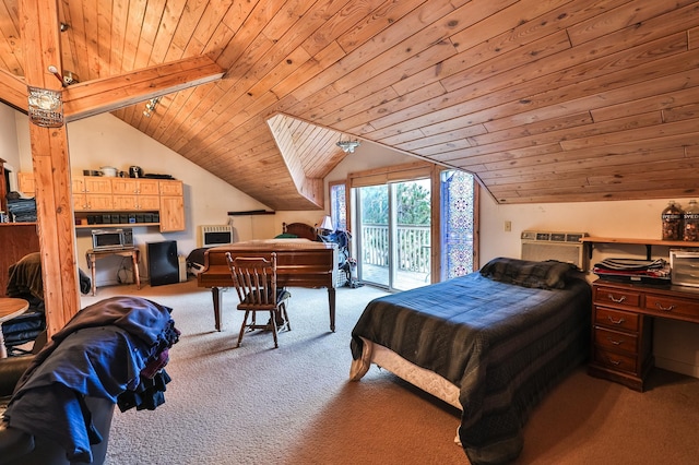 bedroom with wooden ceiling, vaulted ceiling, and carpet flooring