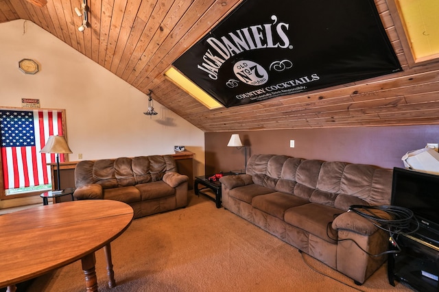 living room featuring wood ceiling, rail lighting, carpet, and vaulted ceiling