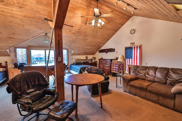 carpeted living room with track lighting, vaulted ceiling, ceiling fan, and wood ceiling