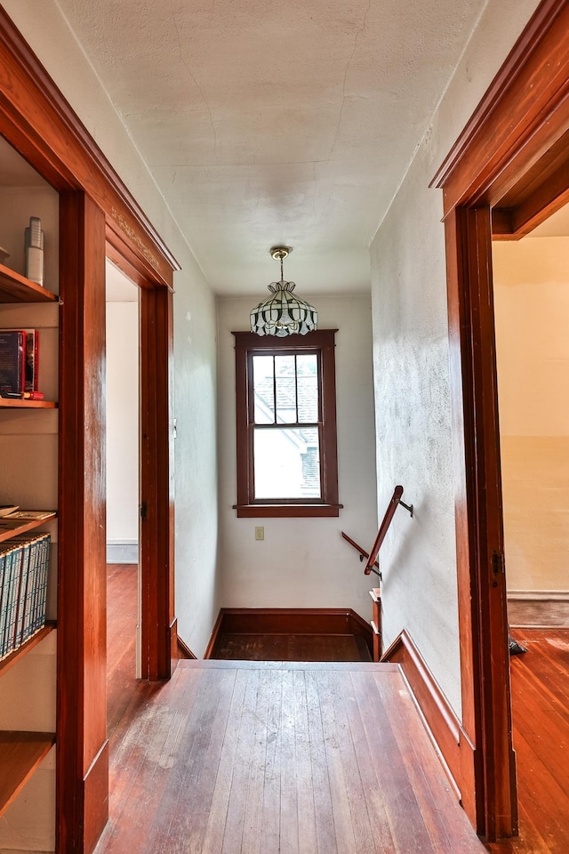 doorway featuring hardwood / wood-style floors and a notable chandelier