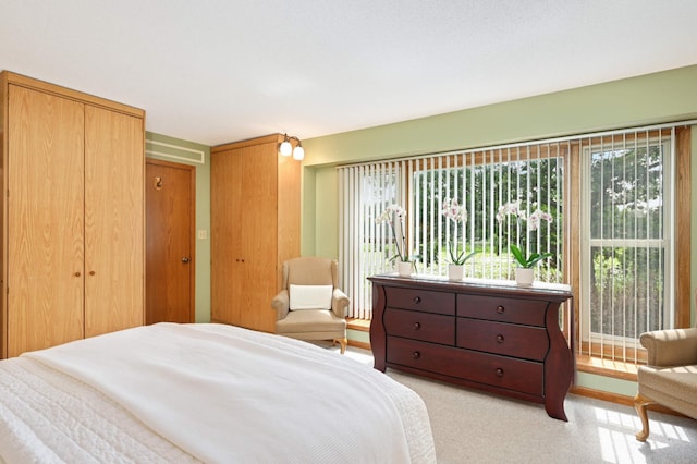 bedroom with multiple windows and light carpet