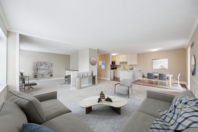 living room featuring sink, crown molding, light carpet, and a textured ceiling