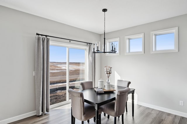 dining room with a healthy amount of sunlight, light hardwood / wood-style floors, and an inviting chandelier