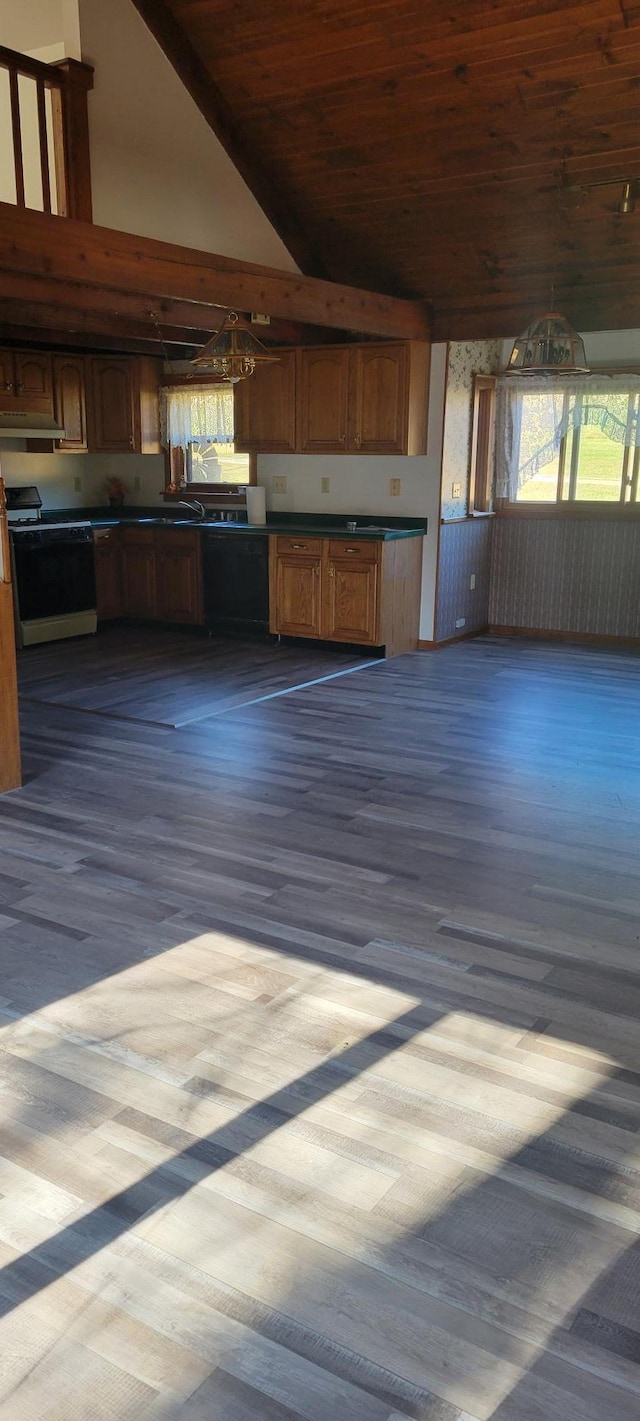 kitchen with wood-type flooring, range hood, wooden ceiling, white stove, and high vaulted ceiling