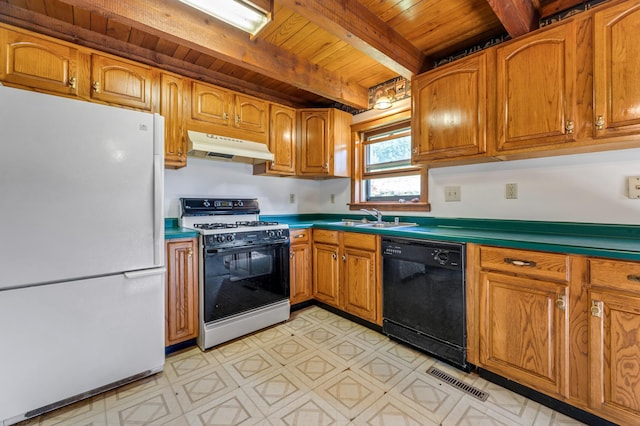 kitchen with beamed ceiling, sink, wood ceiling, and white appliances