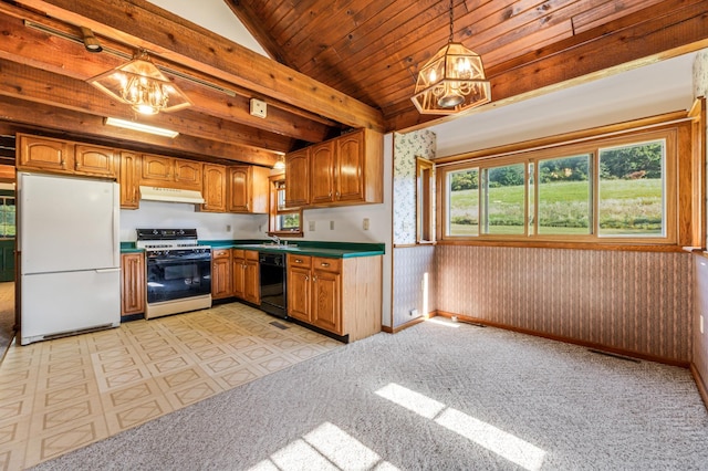 kitchen featuring white appliances, sink, wood ceiling, hanging light fixtures, and vaulted ceiling