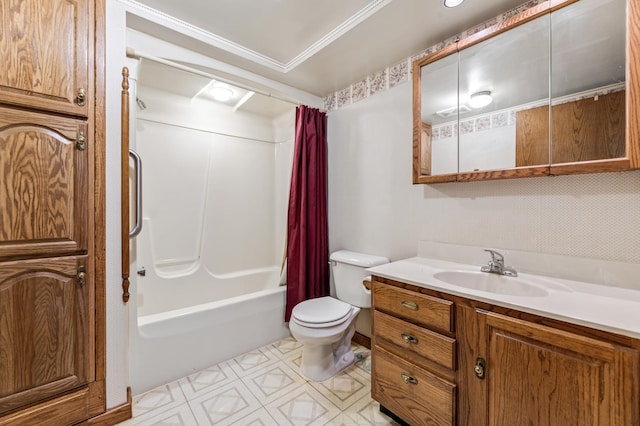 full bathroom featuring vanity, shower / bath combination with curtain, ornamental molding, and toilet